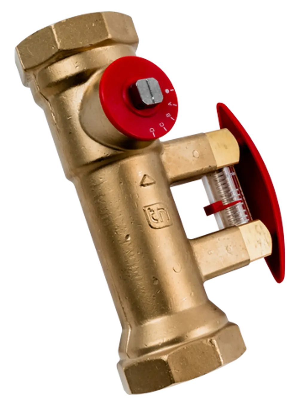 Hydraulisches Ventil mit Messbereich, rot markiert, aus Messing, für Rohrsysteme, typischerweise von Wolf verwendet, zur Regulierung von Wasserströmung.